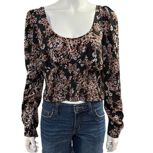 Free People Womens Santiago Print Smocked Boho Cropped Bouse Size Large - Picture 12 of 12